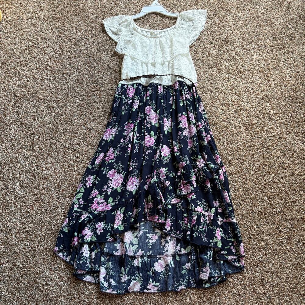 Knit Works High Low Lace Floral Belted Dress Girls Size 14 Country Boho